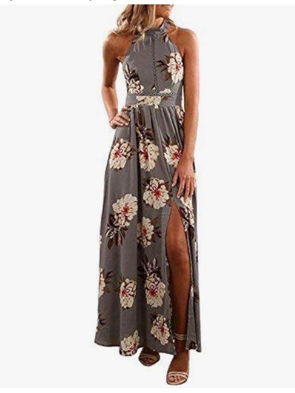 Gray Floral Maxi Dress with Square Neck